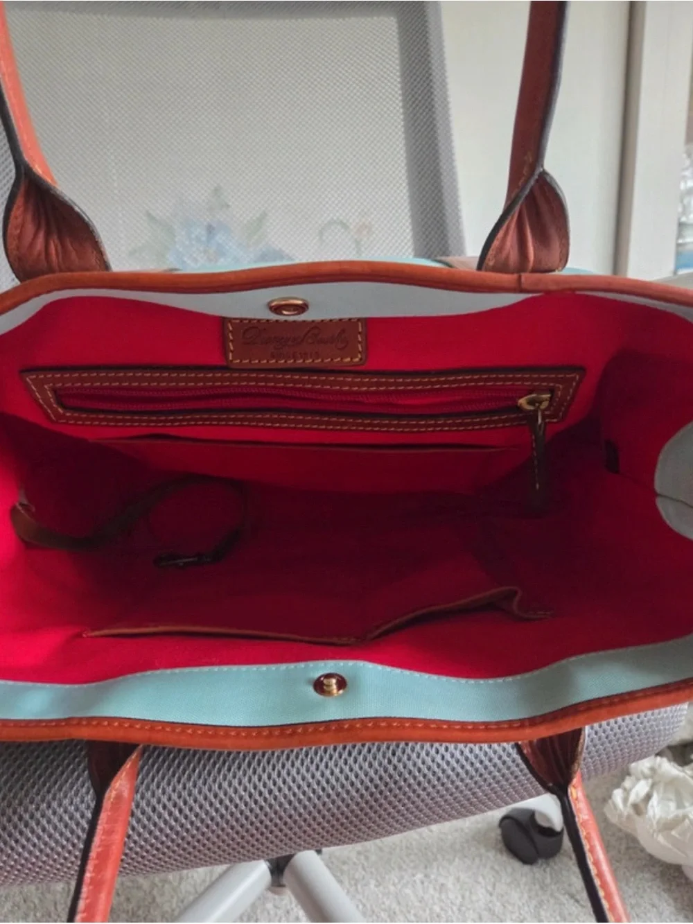 Dooney & Bourke Aqua Tote with Brown Leather Trim